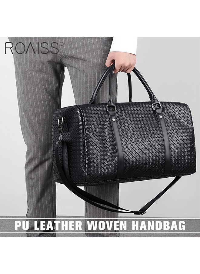 roaiss - Men's Pu Leather Travel Handbag Large Capacity Woven Appearance Waterproof Shoulder Bag Detachable Shoulder Strap Sports And Fitness Bag - Image 1