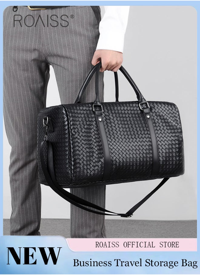 roaiss - Men's Pu Leather Travel Handbag Large Capacity Woven Appearance Waterproof Shoulder Bag Detachable Shoulder Strap Sports And Fitness Bag - Image 1