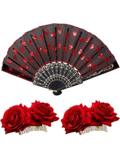Patelai 2 Pieces Women Rose Flower Hair Clip And Embroidered Sequins Fabric Handheld Folding Fan Hair Accessories For Flamenco Dancer Costume Accessories Girl Halloween Cosplay Party  - Image 1
