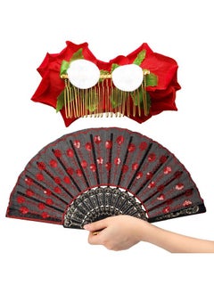 Patelai 2 Pieces Women Rose Flower Hair Clip And Embroidered Sequins Fabric Handheld Folding Fan Hair Accessories For Flamenco Dancer Costume Accessories Girl Halloween Cosplay Party  - Image 4