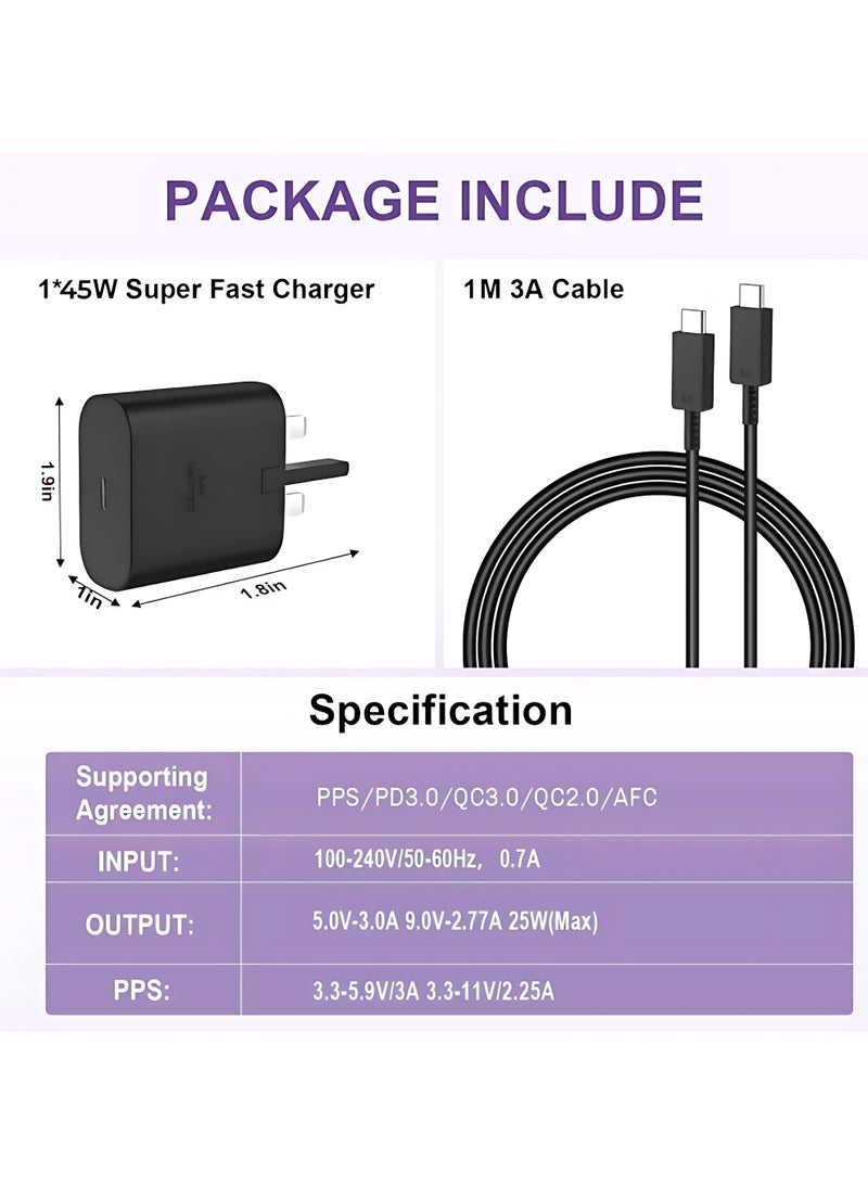 45W USB C Super Fast Charging Charger with 1 m Cable - Compatible with S24 S23 S22 S21 S20 Ultra, S24+ S23+ S22+ S21+, A53, A15, A 55, A54 - Type C Power Adapter - Image 3