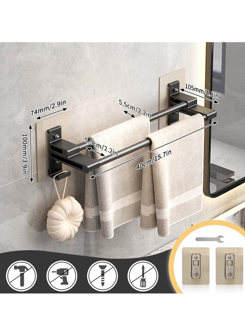 Towel Rail with Double Rods, 40cm Aluminum 2 Tier Self-Adhesive, Anti-Rust, No-Drill Wall Mounted Towel Holder with 2 Hooks for Bathroom, Kitchen, Shower - Image 3