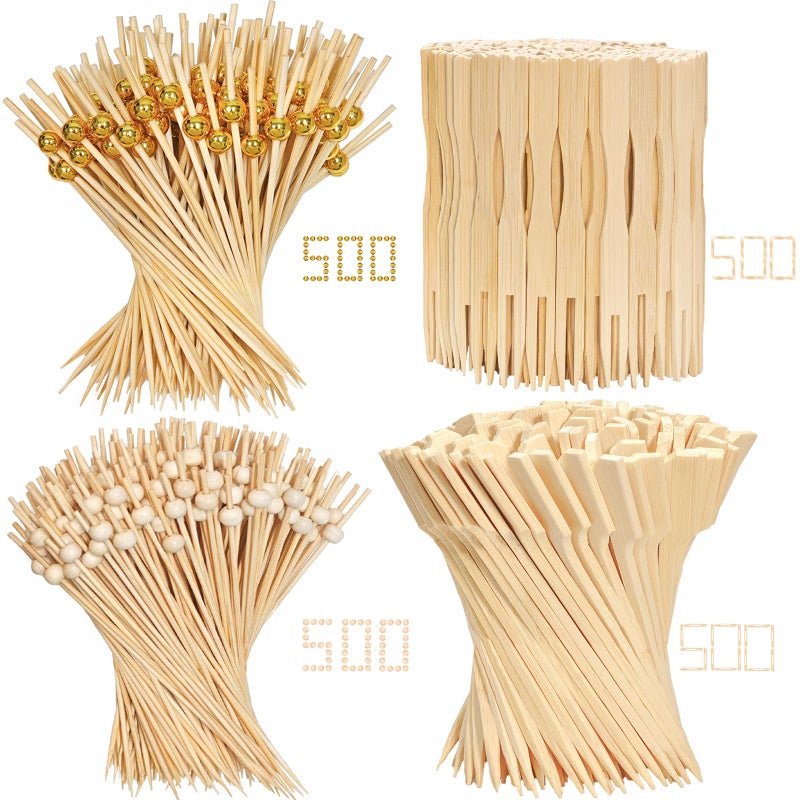 ATZNZIK 2000 Pieces Cocktail Picks 4 Styles Fancy Toothpicks for Appetizers Bamboo Skewers Decorative Wooden Cocktail Picks for Party Food Drinks Fruit Charcuterie Boards Accessories - Image 2