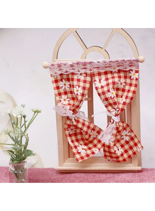 Dollhouse Miniature Scene Door Curtain Hanging Decor With Beige Lace Trim And Bow Detail Photography Prop Model Accessory For Doll House Diorama - Image 5