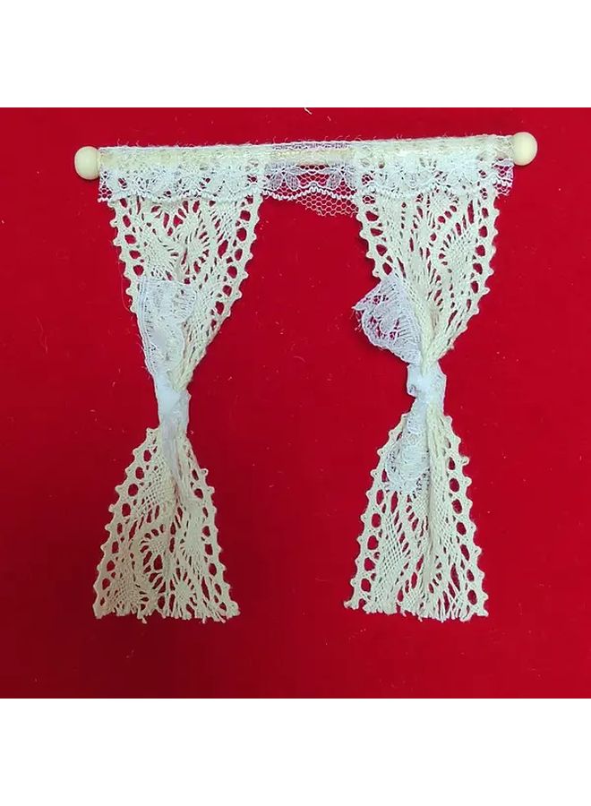 Dollhouse Miniature Scene Door Curtain Hanging Decor With Beige Lace Trim And Bow Detail Photography Prop Model Accessory For Doll House Diorama - Image 4