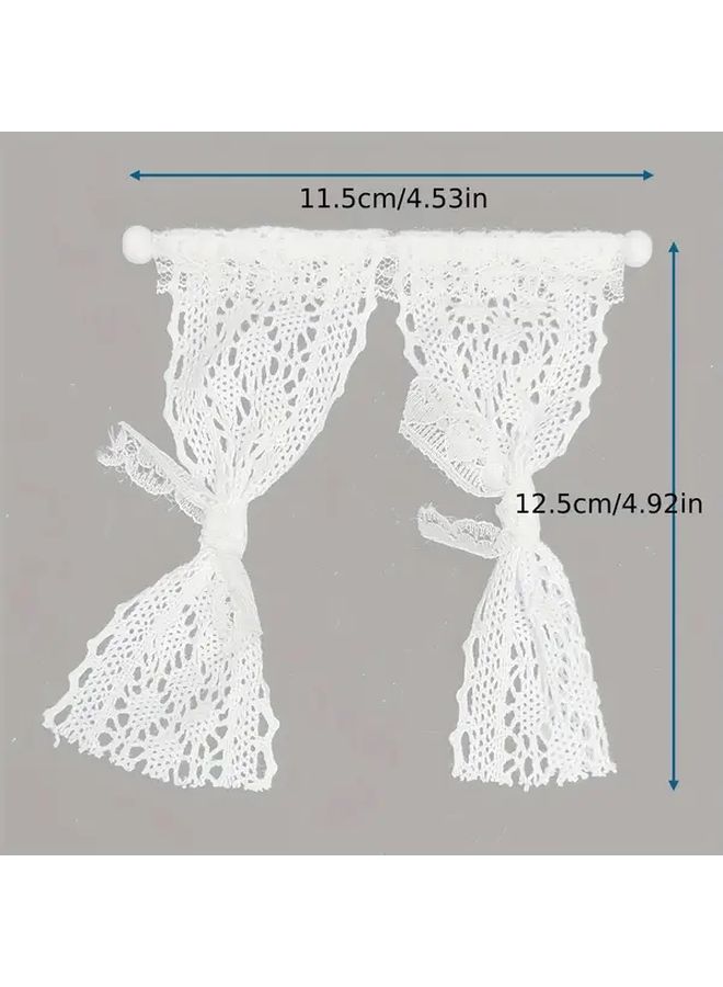 Dollhouse Miniature Scene Door Curtain Hanging Decor With Beige Lace Trim And Bow Detail Photography Prop Model Accessory For Doll House Diorama - Image 2
