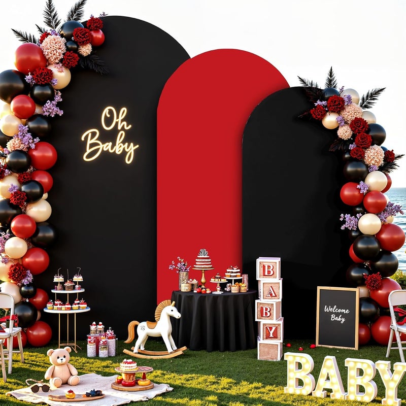 Suppromo Black and Red Arch Backdrop Cover Set of 3-6ft, 6.6ft, 7.2ft Arch Covers Stretchy Backdrop Spandex Birthday Party Arch Stand Covers for Baby Shower Wedding Bridal Shower Photo Background Decorations - Image 1