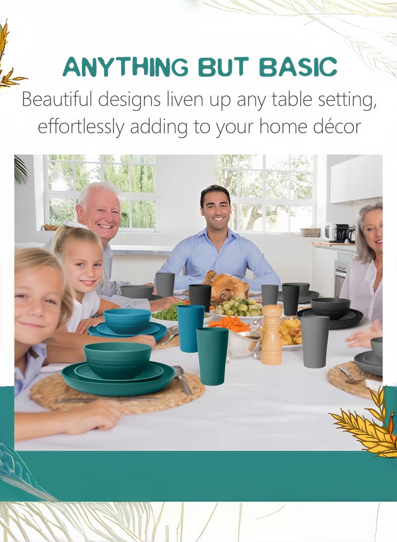 nihao طقم عشاء مكون من 32 قطعة، أطباق من قش القمح، أكواب، أدوات مائدة، خدمة لـ 8 أشخاص، أطباق عشاء، طبق حلوى، أطباق حبوب، أكواب، أدوات مائدة بلاستيكية ملونة غير قابلة للكسر، مناسبة للتخييم، متعددة الألوان الساحلية - Image 5