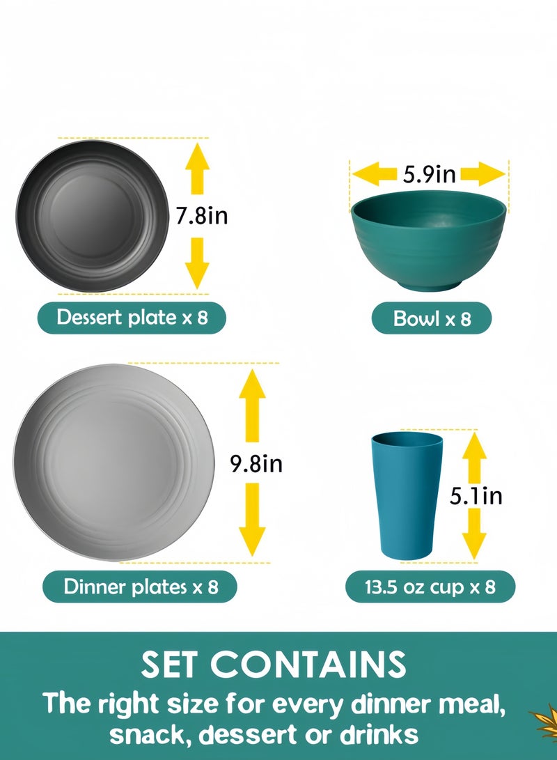 nihao طقم عشاء مكون من 32 قطعة، أطباق من قش القمح، أكواب، أدوات مائدة، خدمة لـ 8 أشخاص، أطباق عشاء، طبق حلوى، أطباق حبوب، أكواب، أدوات مائدة بلاستيكية ملونة غير قابلة للكسر، مناسبة للتخييم، متعددة الألوان الساحلية - Image 3