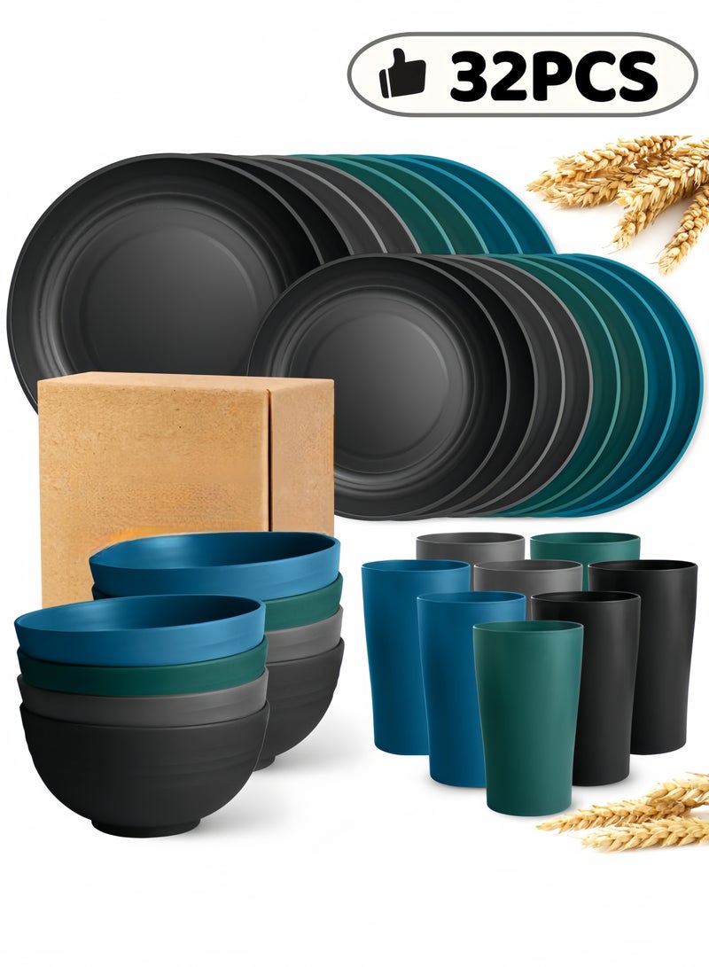 nihao طقم عشاء مكون من 32 قطعة، أطباق من قش القمح، أكواب، أدوات مائدة، خدمة لـ 8 أشخاص، أطباق عشاء، طبق حلوى، أطباق حبوب، أكواب، أدوات مائدة بلاستيكية ملونة غير قابلة للكسر، مناسبة للتخييم، متعددة الألوان الساحلية - Image 1