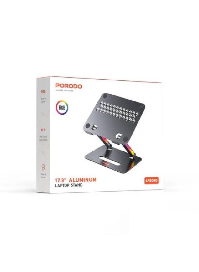 porodo - Laptop Stand 17.3" Wide Device Combability, Folding Design Adjustable Angles Aluminum Alloy RGB Built-In Lights - Image 1