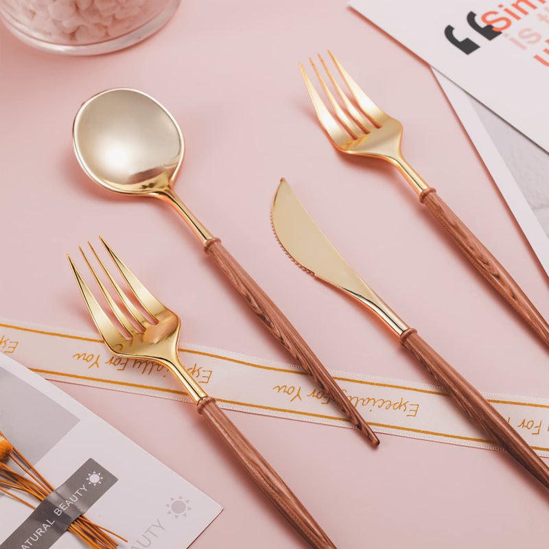 Lullaby 60pcs Gold Plastic Silverware  Gold Disposable Cutlery with Wood Grain Handle Include 20 Forks  20 Spoons  20 Knives  Elegant Disposable Silverware for Wedding  Party  Gathering  Daily Use - Image 4