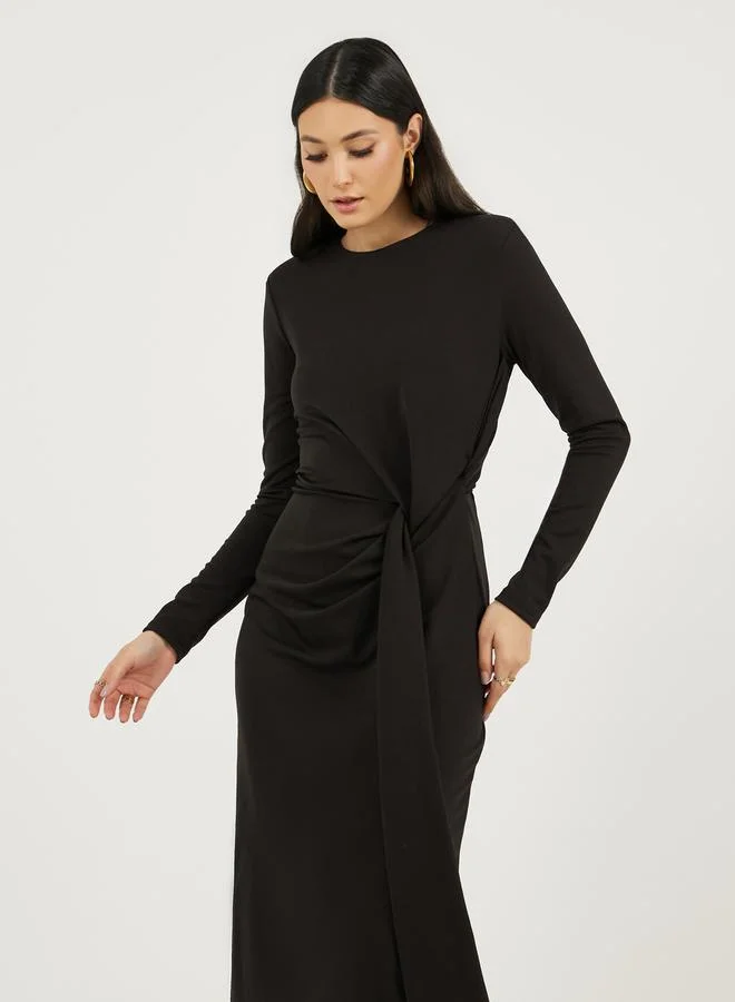 Styli Solid Long Sleeves Sheath Midi Dress with Self Tie Up