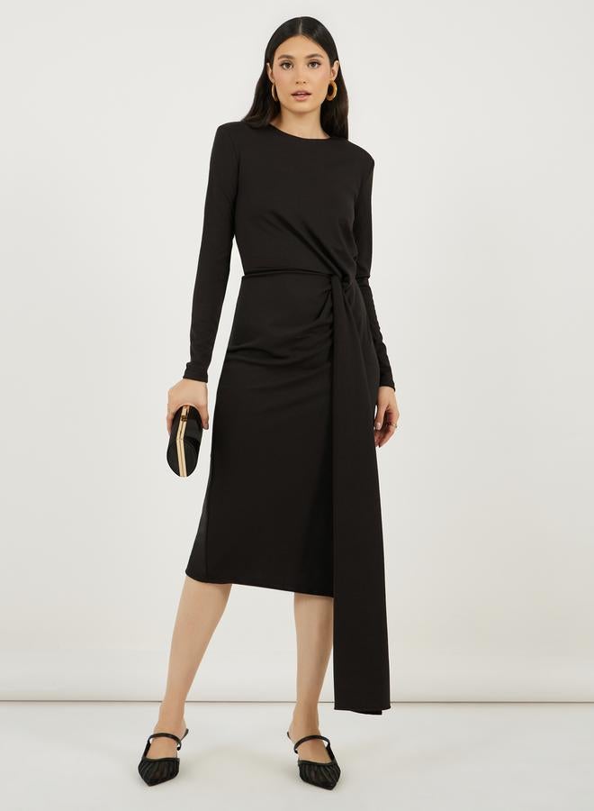 ستايلي فستان ميدي بأكمام طويلة وياقة مستقيمة مع حزام ذاتي الربط - Image 1