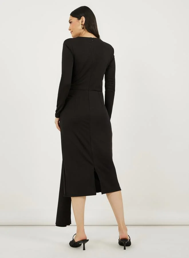 Styli Solid Long Sleeves Sheath Midi Dress with Self Tie Up