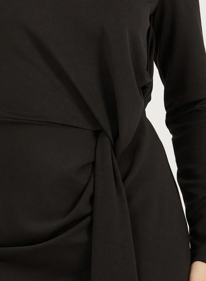 Styli Solid Long Sleeves Sheath Midi Dress with Self Tie Up