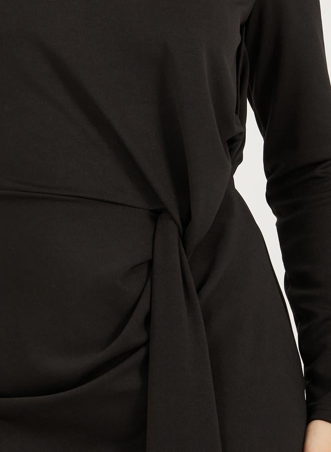 ستايلي فستان ميدي بأكمام طويلة وياقة مستقيمة مع حزام ذاتي الربط - Image 3