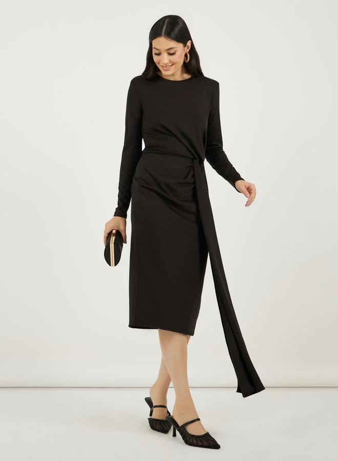 Styli Solid Long Sleeves Sheath Midi Dress with Self Tie Up