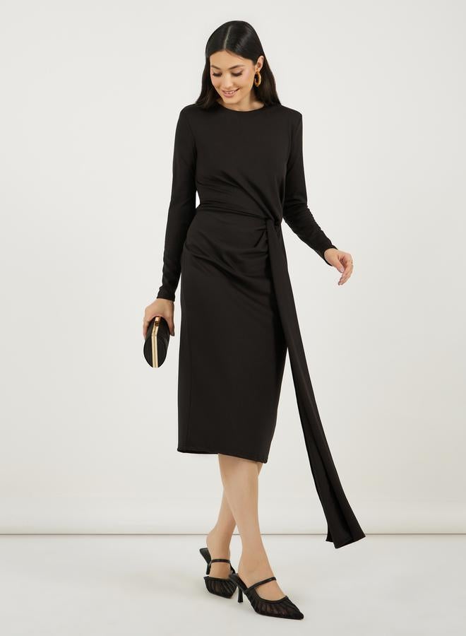 ستايلي فستان ميدي بأكمام طويلة وياقة مستقيمة مع حزام ذاتي الربط - Image 4