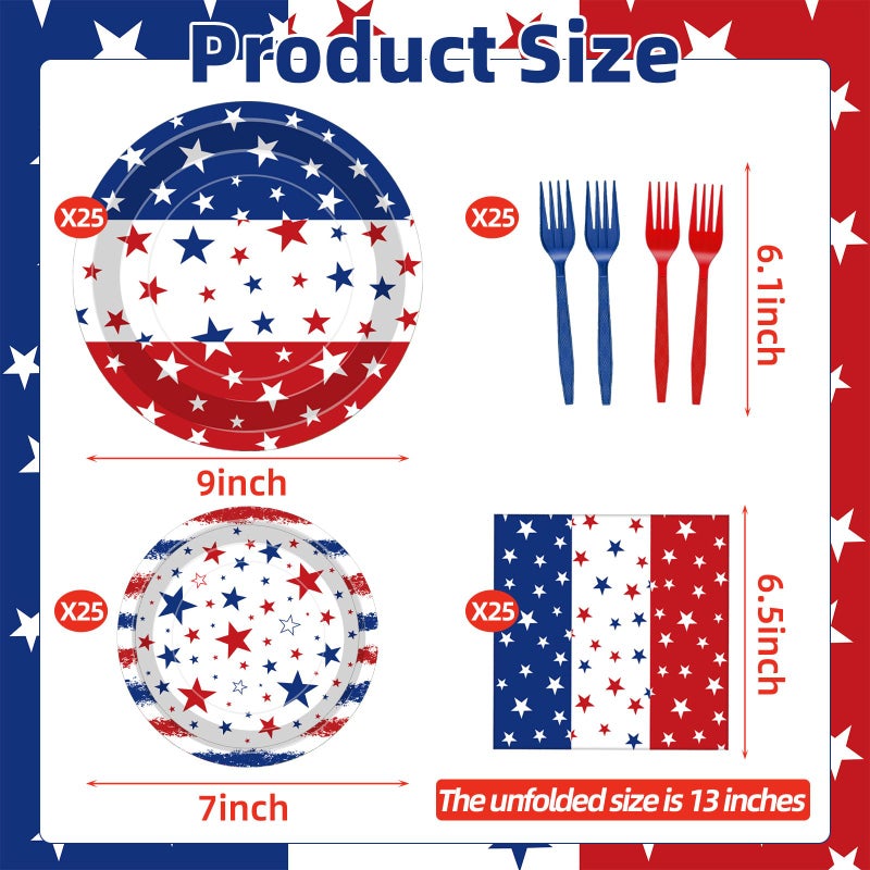 Merriva 100 Pcs Patriotic Party Supplies Set, Serves 25 â€“ Disposable Red White Blue Star Paper Plates, Napkins, and Forks, American Flag Themed Tableware for 4th of July, Memorial Day, Labor Day Decorations - Image 2
