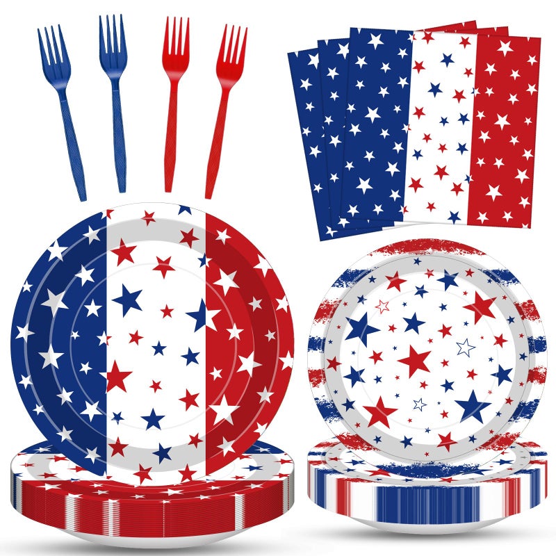 Merriva 100 Pcs Patriotic Party Supplies Set, Serves 25 â€“ Disposable Red White Blue Star Paper Plates, Napkins, and Forks, American Flag Themed Tableware for 4th of July, Memorial Day, Labor Day Decorations - Image 1