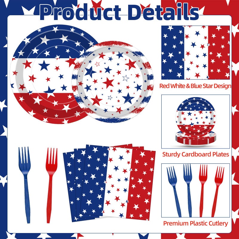 Merriva 100 Pcs Patriotic Party Supplies Set, Serves 25 â€“ Disposable Red White Blue Star Paper Plates, Napkins, and Forks, American Flag Themed Tableware for 4th of July, Memorial Day, Labor Day Decorations - Image 3