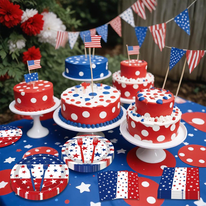 Merriva 100 Pcs Patriotic Party Supplies Set, Serves 25 â€“ Disposable Red White Blue Star Paper Plates, Napkins, and Forks, American Flag Themed Tableware for 4th of July, Memorial Day, Labor Day Decorations - Image 5