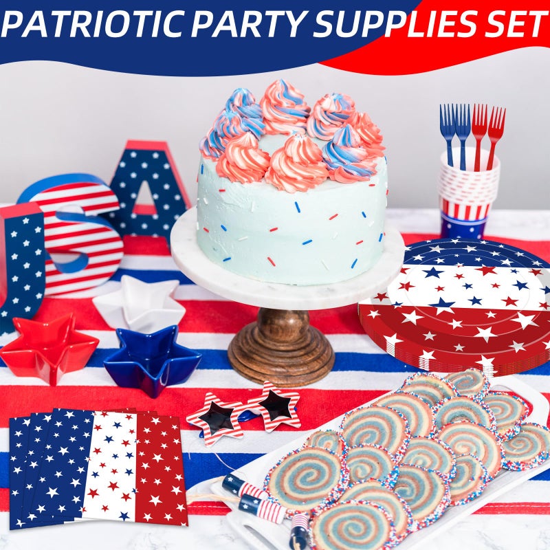 Merriva 100 Pcs Patriotic Party Supplies Set, Serves 25 â€“ Disposable Red White Blue Star Paper Plates, Napkins, and Forks, American Flag Themed Tableware for 4th of July, Memorial Day, Labor Day Decorations - Image 4