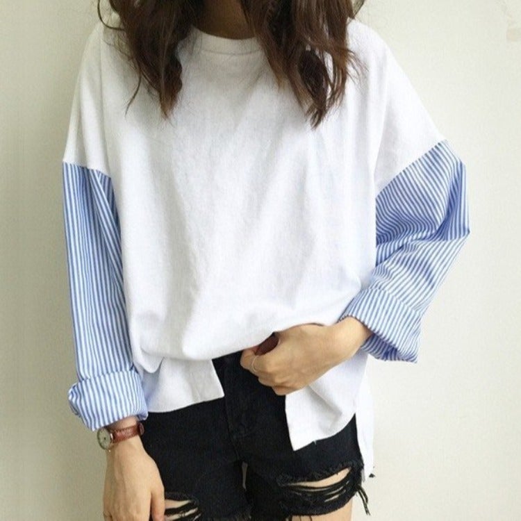 Striped Patchwork Long-Sleeve T-Shirt for Women, 2025 Spring and Autumn New Korean Style Loose Hong Kong Style Trendy Internet Celebrity Ins-Style Top - Image 5
