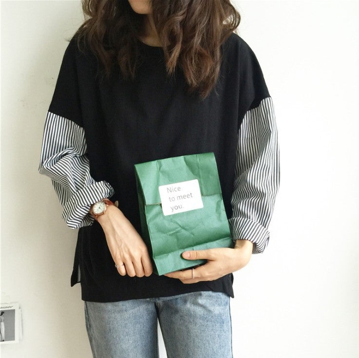 Striped Patchwork Long-Sleeve T-Shirt for Women, 2025 Spring and Autumn New Korean Style Loose Hong Kong Style Trendy Internet Celebrity Ins-Style Top - Image 1