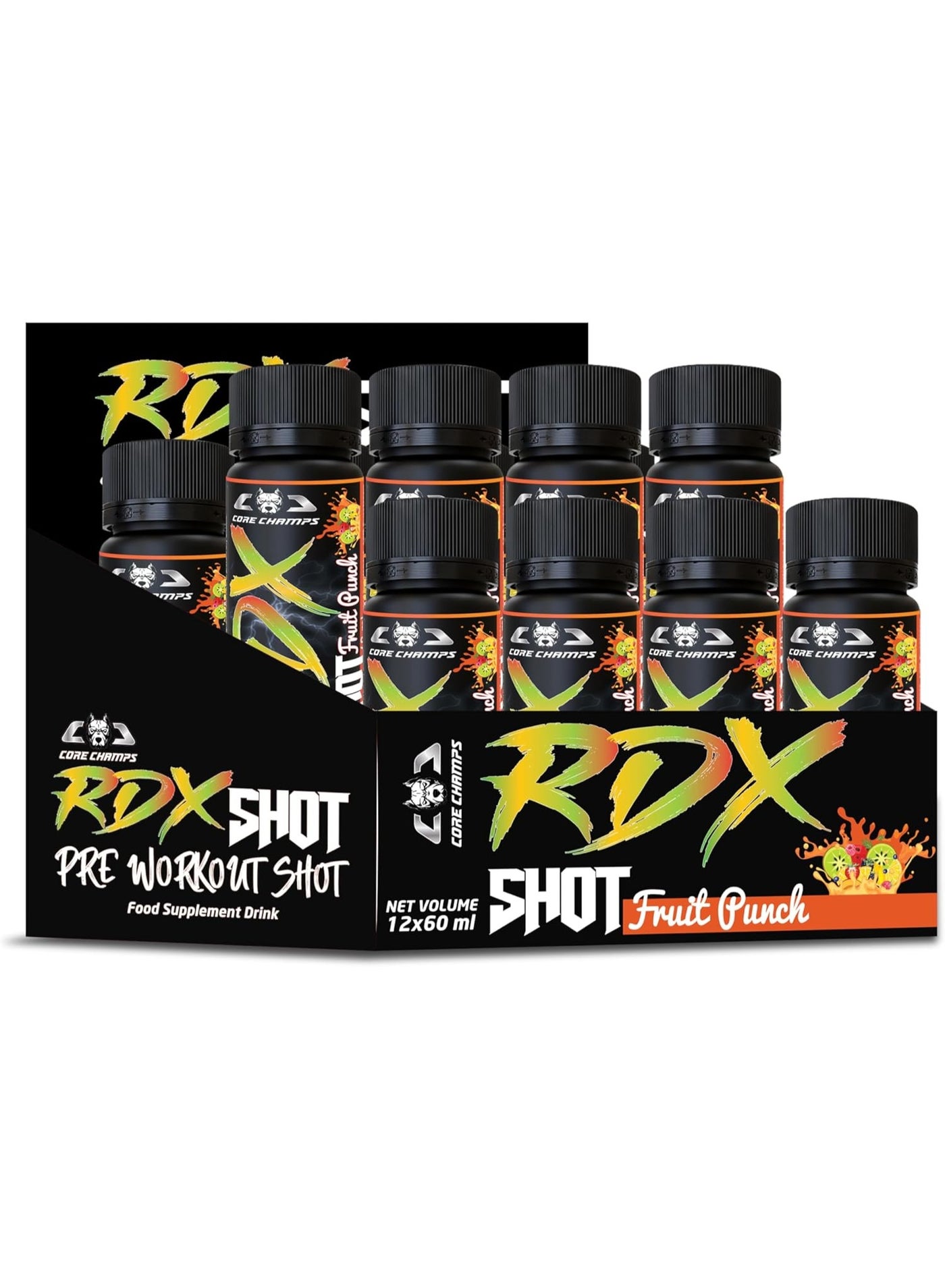 CORE CHAMPS RDX Pre Workout Shot – Fruit Punch Flavor | 60ml Pack of 12 Energy Drink with Beta-Alanine, Caffeine, Citrulline, L-Arginine & L-Carnitine | Instant Energy Booster for Strength, Focus & En