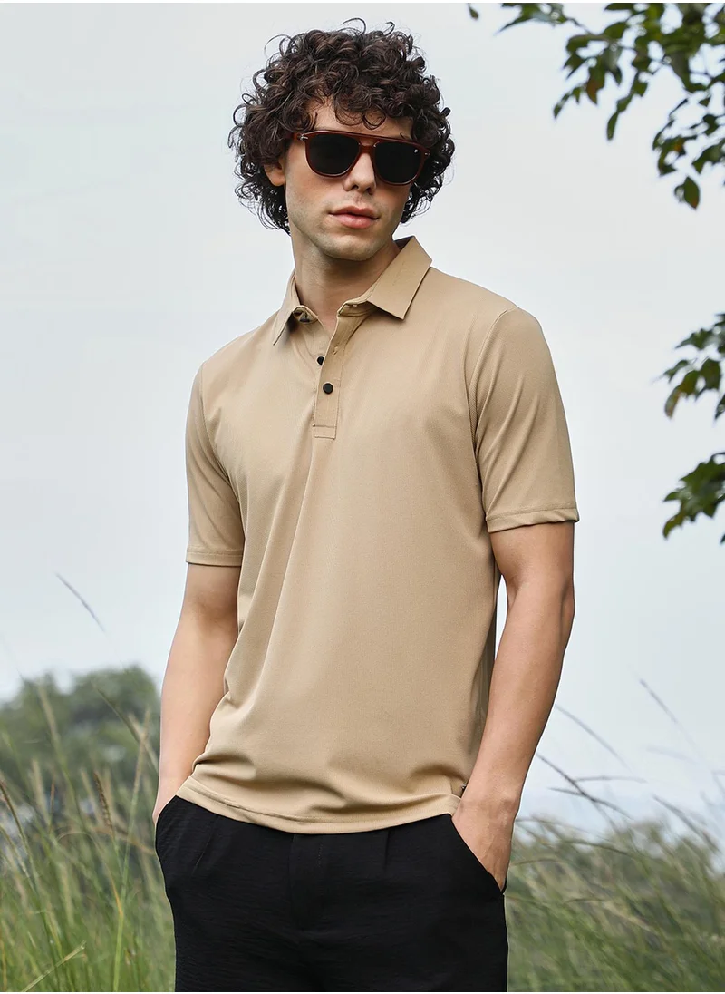 Campus Sutra Men's Buff Beige Solid Knit Polo T-Shirt