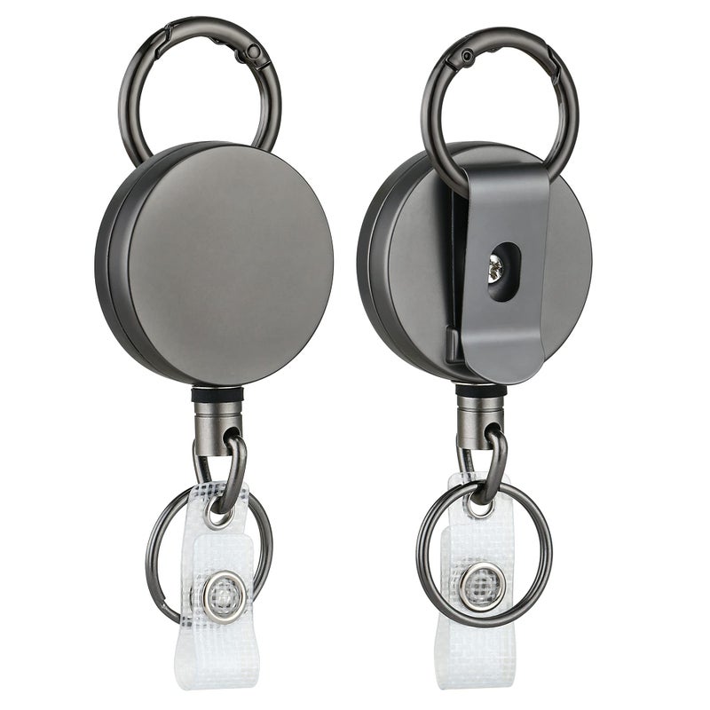 Will Well 2 Pack Heavy Duty Retractable Badge Holder Reel, Will Well Metal ID Badge Holder with Belt Clip Key Ring for Name Card Keychain [All Metal Casing, 27.5" UHMWPE Fiber Cord, Reinforced Id Strap] - Image 1
