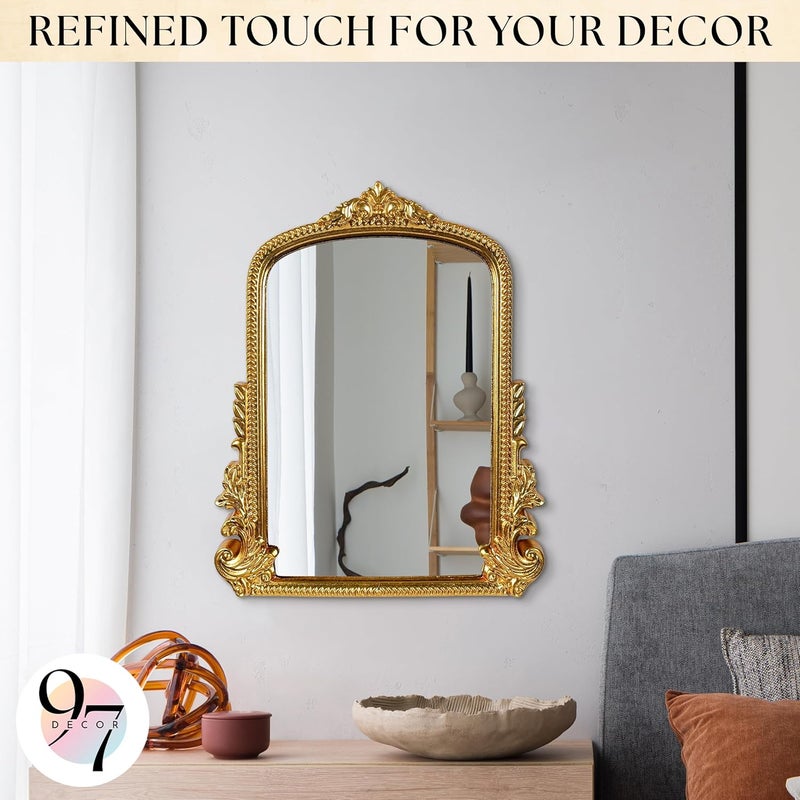 97 Decor Gold Vintage Wall Mirror - Small Gold Mirror for Tabletop and Wall Hanging, Antique Arch Frames for Desk, Small Decorative Mirrors Frame for Home Bedroom, Makeup Room Decor (11.8x9.6 Inch) - Image 4