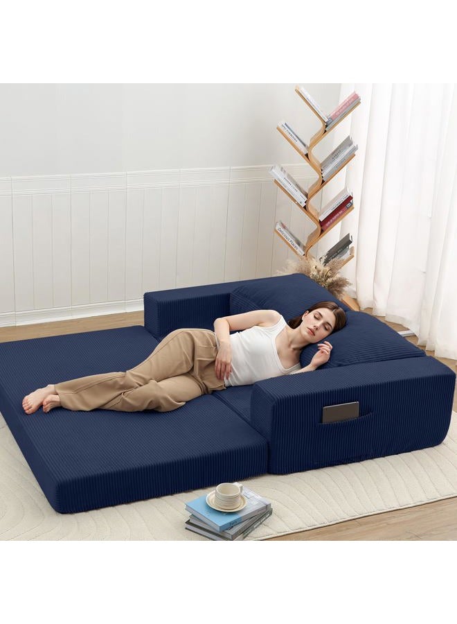 COMAX Convertible Sofa Bed Queen, Folding Fold Out Couch Bed, Floor Futon Couch Corduroy with Back Pillows, Boneless Sofa Comfy Lounge Sleeper Mattress Loveseat for Living Room Bedroom, Navy Blue - Image 3