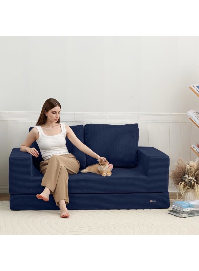 COMAX Convertible Sofa Bed Queen, Folding Fold Out Couch Bed, Floor Futon Couch Corduroy with Back Pillows, Boneless Sofa Comfy Lounge Sleeper Mattress Loveseat for Living Room Bedroom, Navy Blue - Image 2