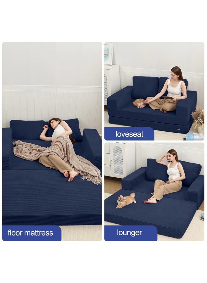 COMAX Convertible Sofa Bed Queen, Folding Fold Out Couch Bed, Floor Futon Couch Corduroy with Back Pillows, Boneless Sofa Comfy Lounge Sleeper Mattress Loveseat for Living Room Bedroom, Navy Blue - Image 4