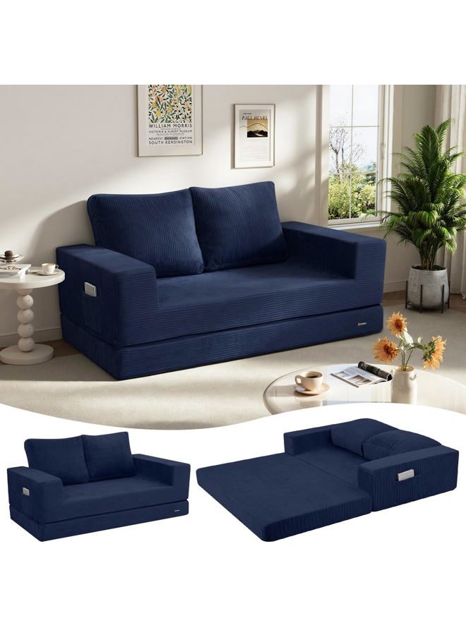 COMAX Convertible Sofa Bed Queen, Folding Fold Out Couch Bed, Floor Futon Couch Corduroy with Back Pillows, Boneless Sofa Comfy Lounge Sleeper Mattress Loveseat for Living Room Bedroom, Navy Blue - Image 1