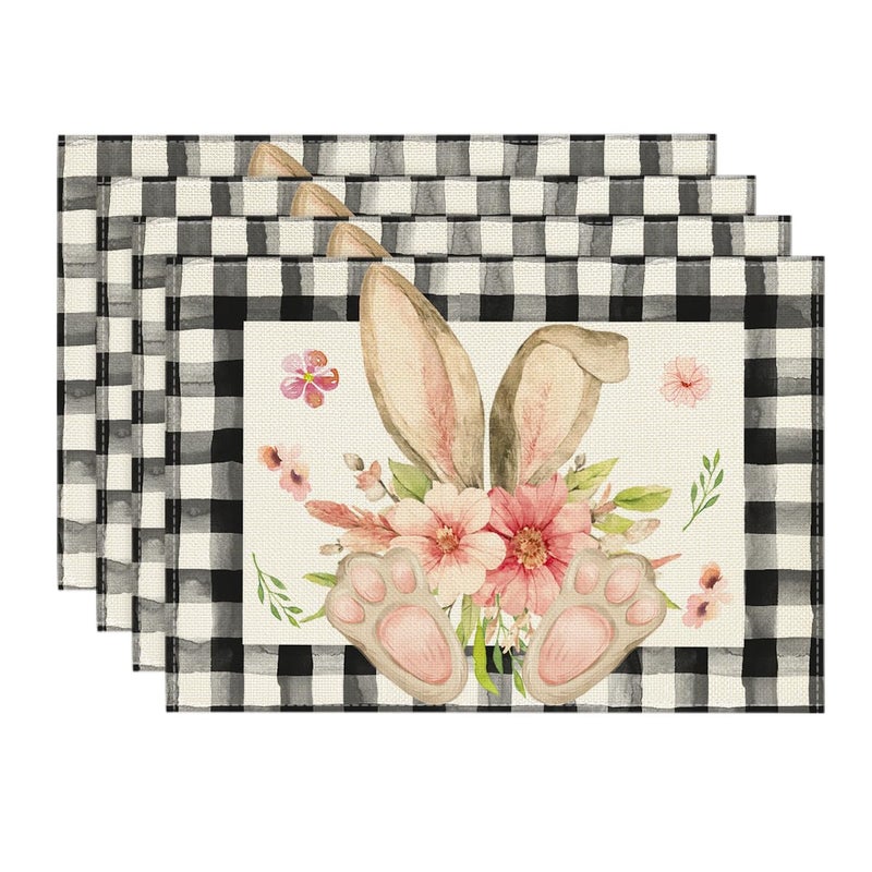 Artoid Mode Artoid Mode Buffalo Plaid Bunny Ear Foot Flower Easter Placemats Set of 4 12x18 Inch Seasonal Spring Table Mats for Party Kitchen Dining Decoration 