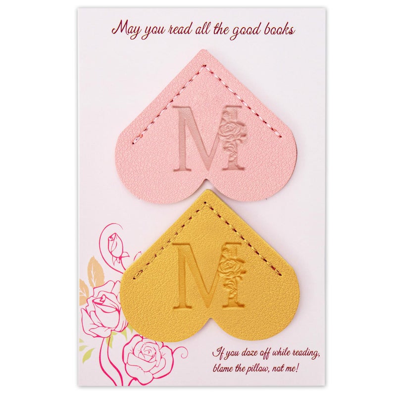 Aganmi 2 Pcs Personalized Gifts Heart Leather Bookmarks, Cute Custom Initial Letter Bookmarks Corner Page Book Marks Reading Accessories Stocking Stuffers for Women Readers Book Lovers Teachers (M) - Image 1