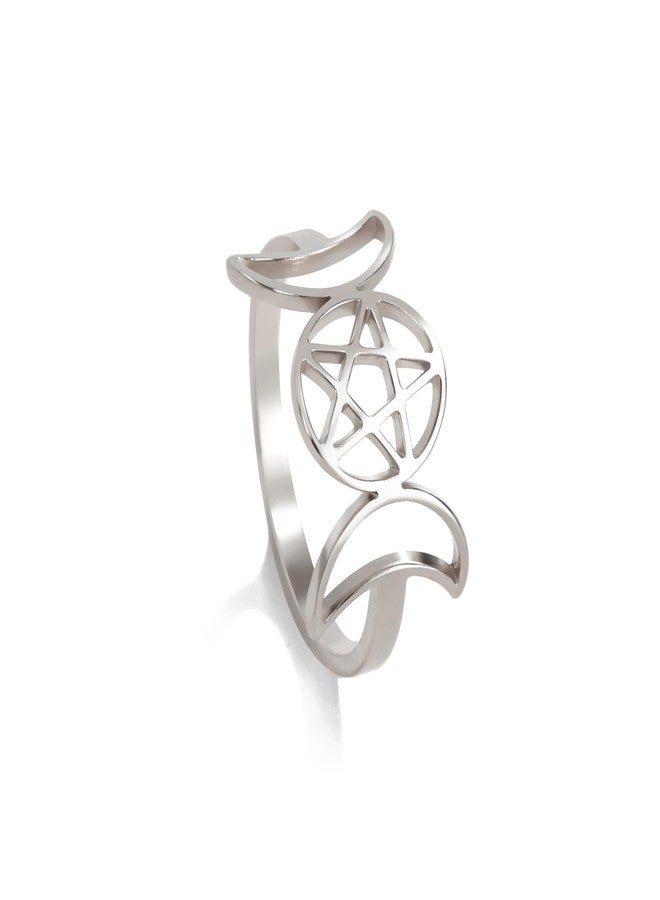 EUEAVAN Triple Moon Goddess Ring for Women Pentagram Star Crescent Moon Amulet Religion Wicca Jewelry Pagan Gift (silver, 8) - Image 1