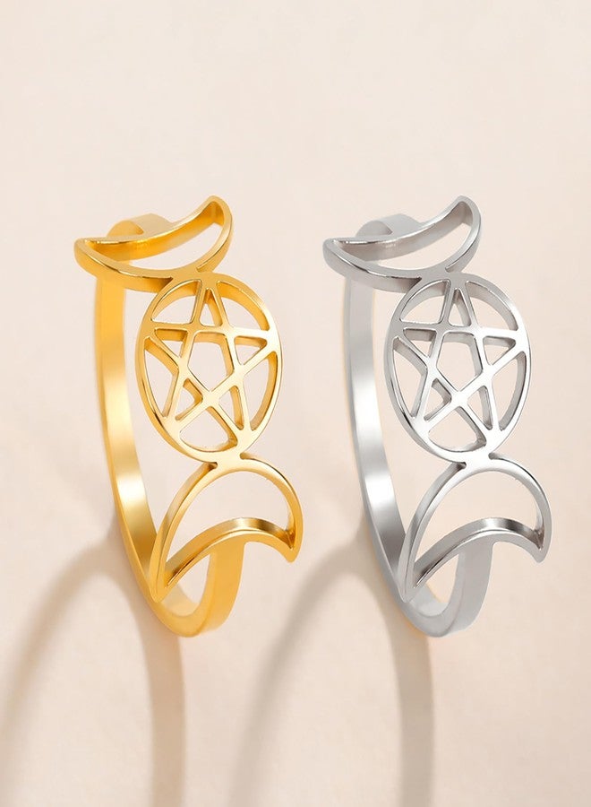 EUEAVAN Triple Moon Goddess Ring for Women Pentagram Star Crescent Moon Amulet Religion Wicca Jewelry Pagan Gift (silver, 8) - Image 5