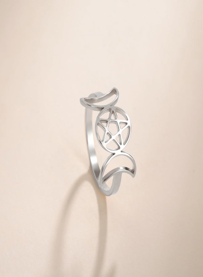 EUEAVAN Triple Moon Goddess Ring for Women Pentagram Star Crescent Moon Amulet Religion Wicca Jewelry Pagan Gift (silver, 8) - Image 3
