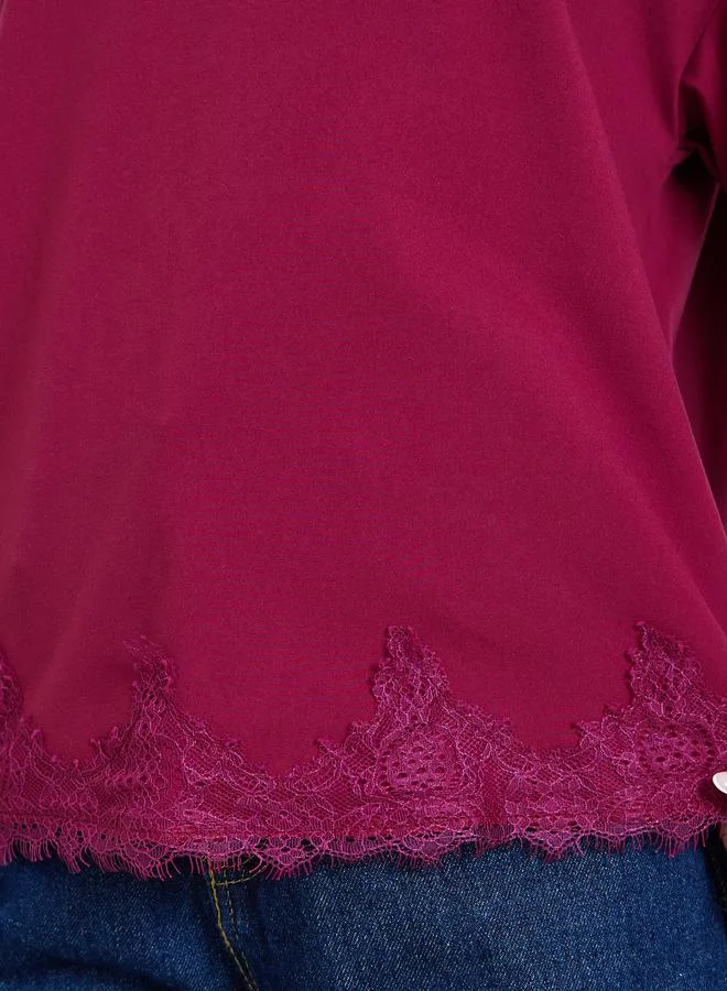 Styli Women Burgundy Lace Hem Oversized T-Shirt