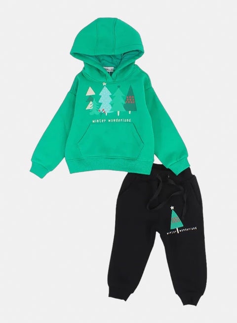 طقم بيجامة قطن للأولاد بغطاء رأس – أخضر بتصميم "عجائب الشتاء"