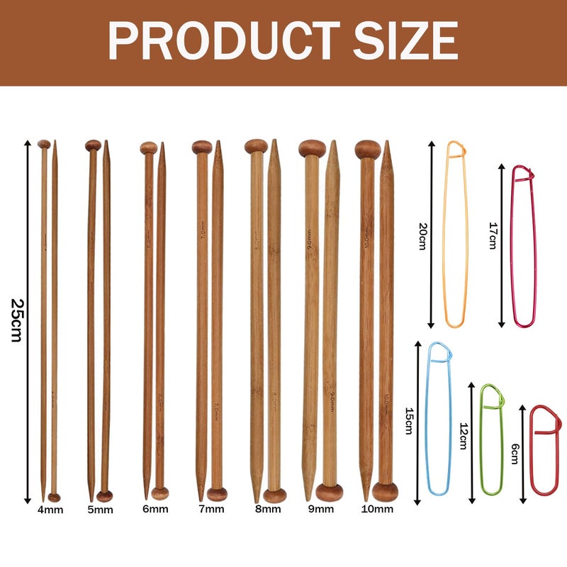 ADULLPONY 7 Pairs Bamboo Knitting Needles Set, Bamboo Natural, Long Wooden Knitting Needle, Single Point Straight Wood Needles, Wooden Knittings Needle for Beginners for Making Sweater, Shawl, Scarf - Image 2
