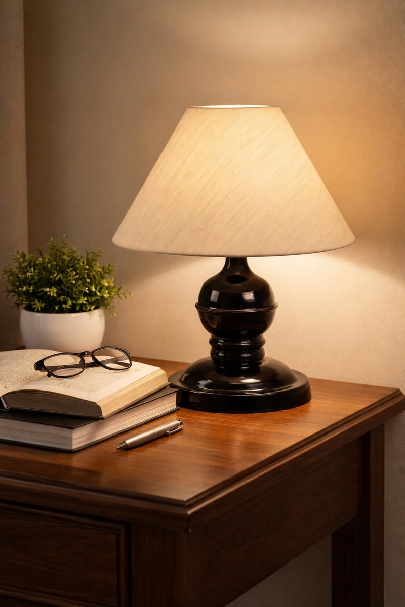 Tu Casa Table Lamps BLACK Metal Base with Off-White Cotton (Off-White) Shades for Home Décor, Bedrooms, Living room, Gifting, Diwali Decoration, Dining Space, Study Room, Restaurants (H-10") - Image 1