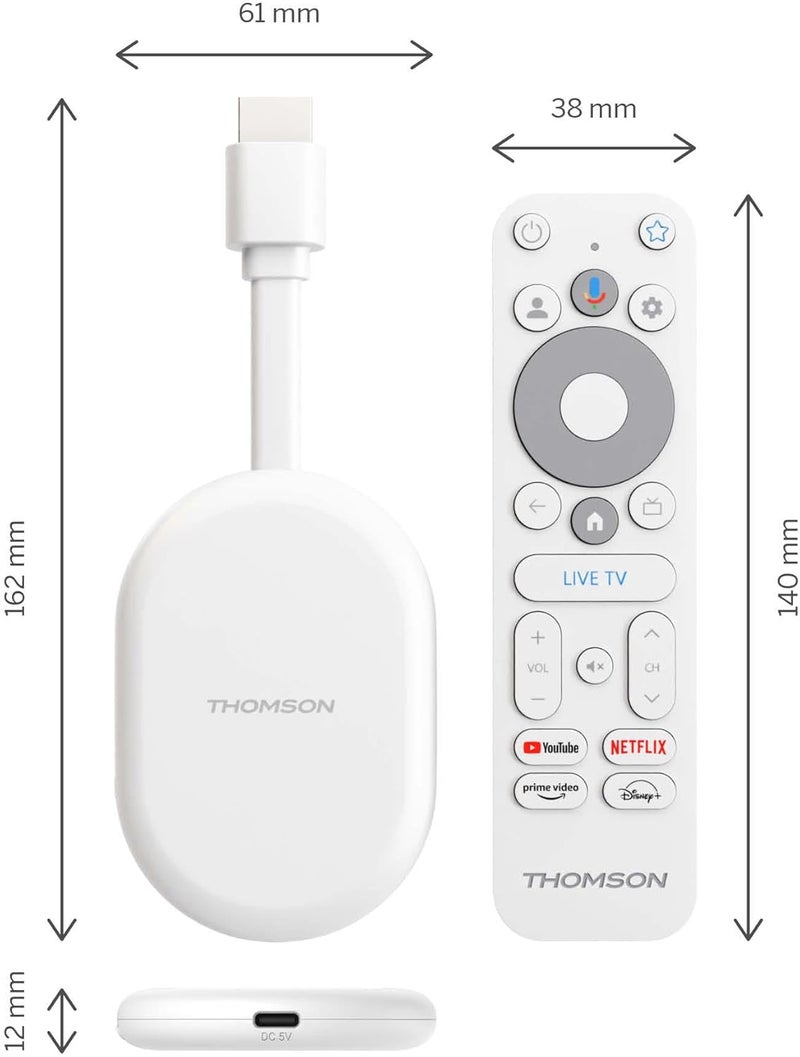 طومسون Thomson Go Cast 152 دونجل البث، 4K UHD Google TV، التحكم الصوتي، Google Cast، Dolby Atmos، Dolby Digital+، HDR10، محمول، 2GB RAM، 32GB تخزين - أبيض - Image 2