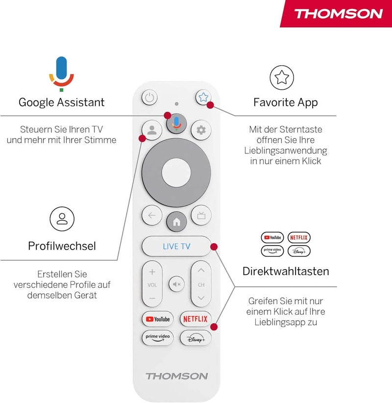 طومسون Thomson Go Cast 152 دونجل البث، 4K UHD Google TV، التحكم الصوتي، Google Cast، Dolby Atmos، Dolby Digital+، HDR10، محمول، 2GB RAM، 32GB تخزين - أبيض - Image 4