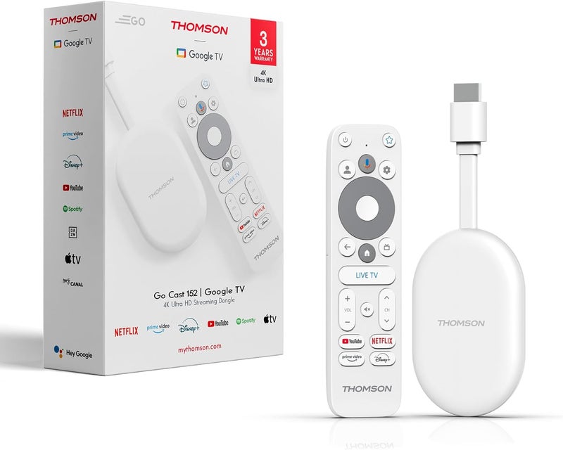 طومسون Thomson Go Cast 152 دونجل البث، 4K UHD Google TV، التحكم الصوتي، Google Cast، Dolby Atmos، Dolby Digital+، HDR10، محمول، 2GB RAM، 32GB تخزين - أبيض - Image 1